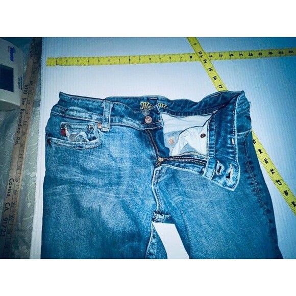 Miss Me Jeans Women's Sz 31 Blue Camo Denim Boot Cut Embellished Distressed Flap - Picture 14 of 16